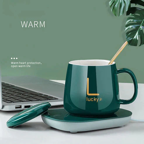 Ceramic Coffee Cup with Automatic Heating Pad | only in green color.